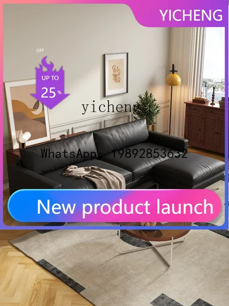 Leather Sofa First Layer Cowhide Small Apartment Living Room Straight Row Double Black Retro Designer