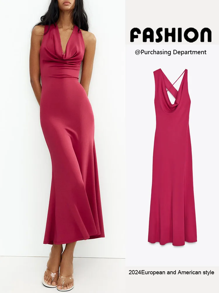 

Сексуальное драпированное длинное платье ZA2025: Новинка лета, женское модное платье А-силуэта с высокой талией и V-образным вырезом в европейском стиле