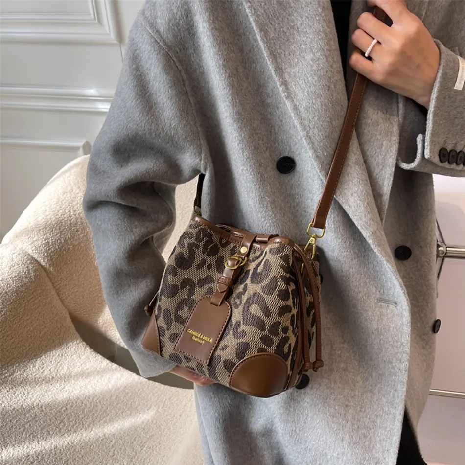 Leopard Small PU Leather Women Bucket Crossbody Bags 2023 Spring Designer Shoulder Bag Luxury Brand Lady Handbag Lady Trend Tote