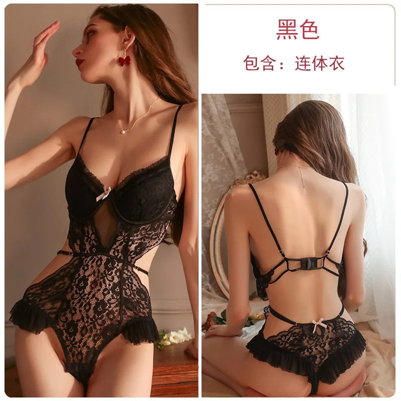 Erotic lingerie sexy lace hidden buckle open file one-piece one-piece steel ring chest pad uniform show suit