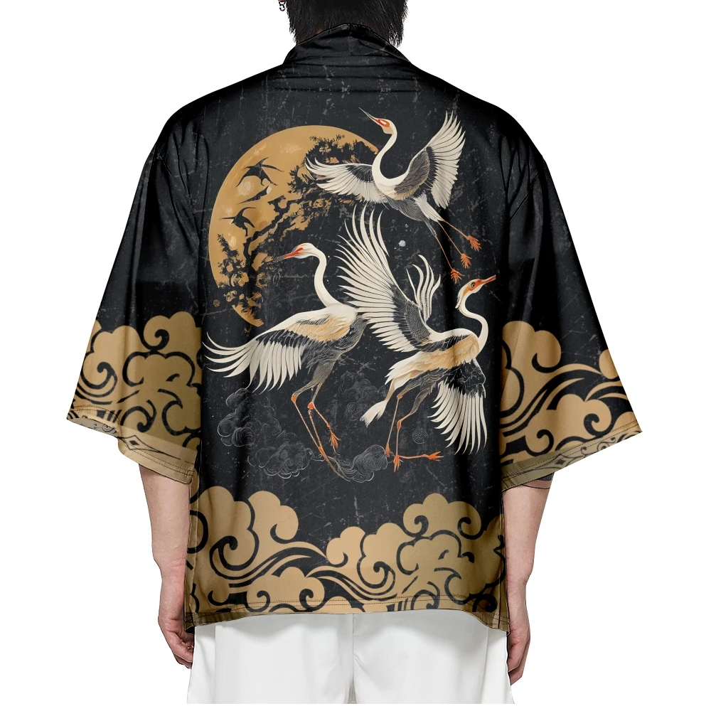 

Plus Size 4XL 5XL 6XL Summer Japanese Fashion Retro Crane Painting Kimono Streetwear Cardigan Robe Women Men Haori Top Yukata