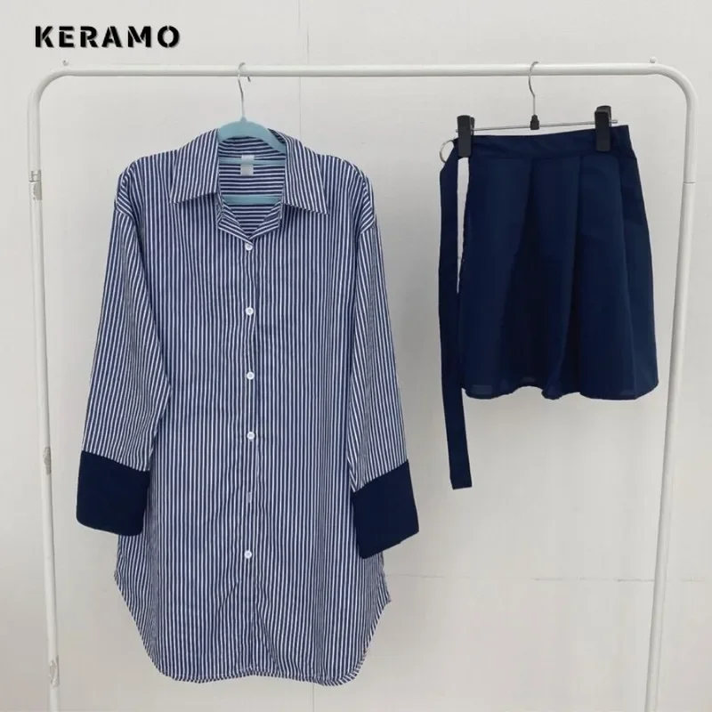 2025 Spring Lady Sexy Long Sleeve Turn-Down Collar Mini Shirt Dresses Women's Elegant Striped Patchwork Hotsweet Blouse Dress