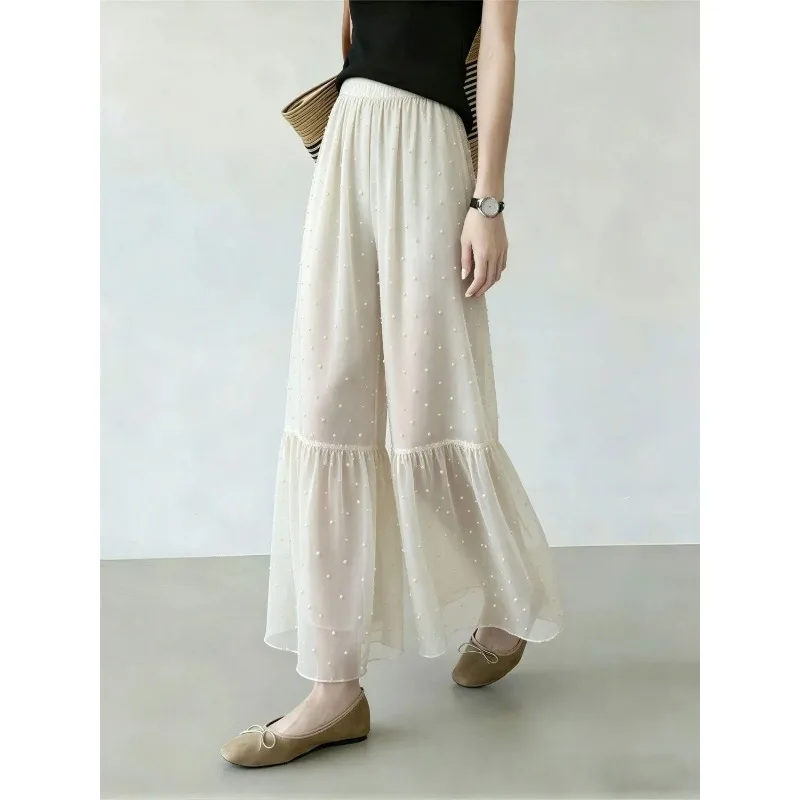 Women Tulle Pearl Decor Wide Leg Pants Elastic Waist Flared Ruffle Summer Loose Trousers
