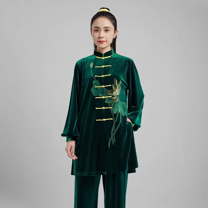 Kun Master Thicken Velvet Taichi Uniform Elegant Winter Martial Arts Suit Embroidery Kung Fu Clothes Taiji for Women