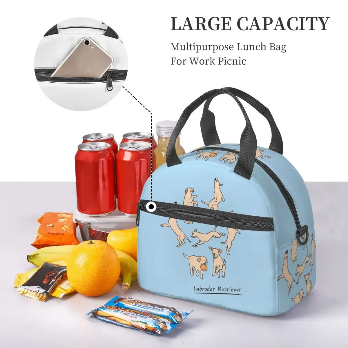 Playing Light Yellow Lab Labrador Retriever Insulated Lunch Bag for Women Children Portable Food Boxes Thermal Lunch Box Tote