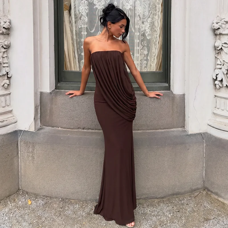 Hugcitar Trägerloses, einfarbiges, gerafftes, rückenfreies, sexy, figurbetontes Maxi-Abendkleid, elegante Damenkleidung, Abendkleid, Partykleid, Geburtstagskleid, Club-Outfit – Detail 12