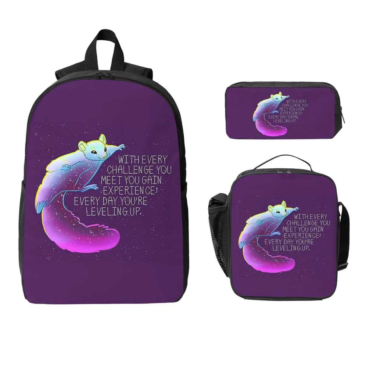 Every Day You're Leveling Up Flying Space Squirrel Backpack BookBag School Bag Shoulder Bags 3ps Insulated Lunch Bag Pencil Case