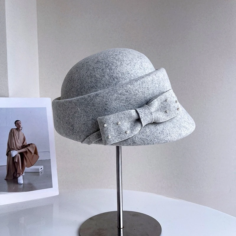 Elegant Wool Felt Berets Fedora Hats Women Winter Pillbox Cap Ladies Bow Fascinator Hat Derby Wedding Ceremony Church Hat