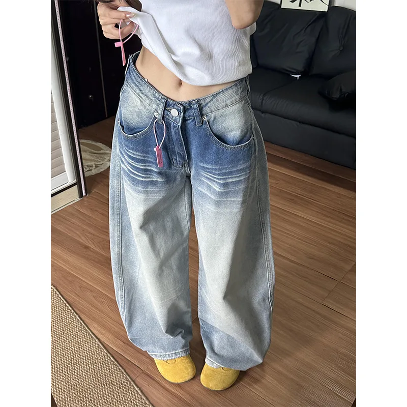 

Authentic Jeans Distressed Stonewashed Straight Jeans UltraHigh Waist Wide Jeans Metropolitan Catwhisker Gradient Denim
