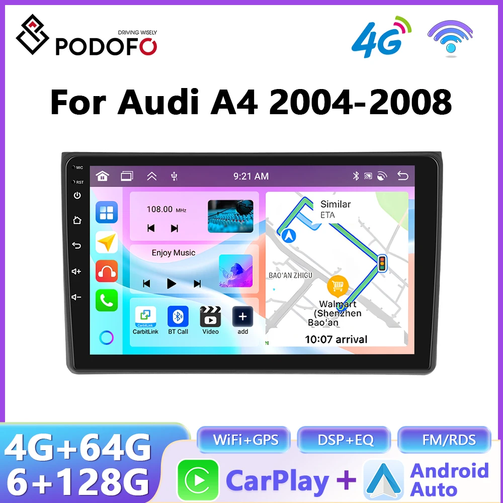Podofo CarPlay Android Auto Radio voor Audi A4 2004-2008 Auto Intelligent Systeem 2Din GPS Stereo Head Unit Multimedia Speler - afbeelding 2