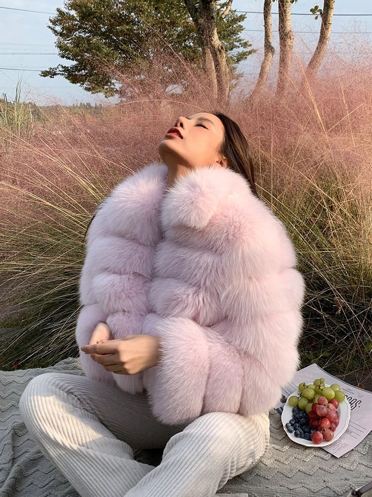 Light Pink Real Fox Fur Jacket Short Women Fashion Natural Whole Skin Genuine Fox Fur Coat with Lapel Colalr Trendy Overcoats