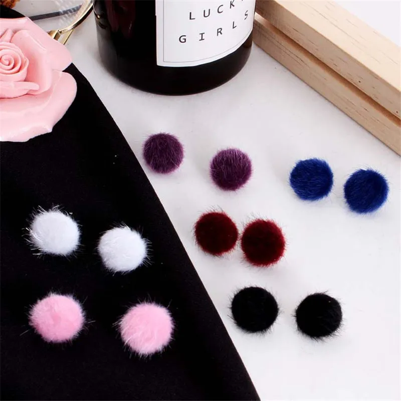 Fashion Cute Candy Color Plush Ball Stud Earrings For Women Korean Velvet Heart Star Round Plush Earrings Statement Jewelry Gift