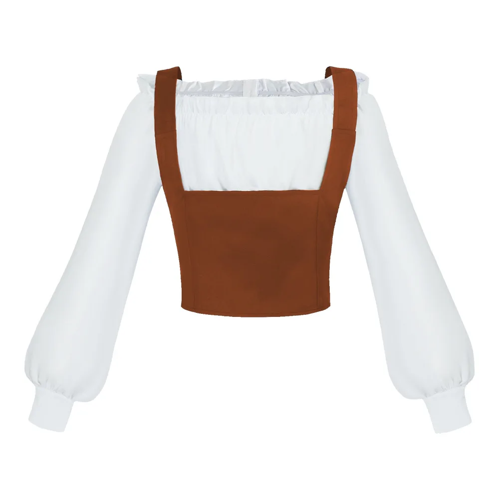 Retro Western Style Women Blouse Suede Vest Splicing Long Sleeve Cropped Top Corset Tee Shirts Oktoberfest Halloween Costume view 5