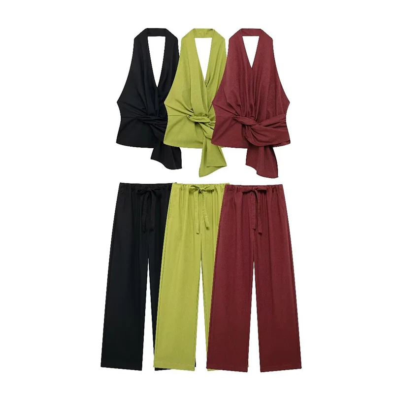 Willshela Women Fashion Two Piece Set Solid Pleated Halter Neck Tops & Straight Pants Vintage Female Chic Lady Pants Suit