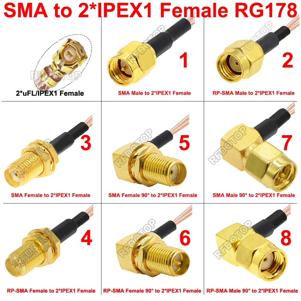 1PCS SMA Male/Female Connector to Dual uFL/IPX Female RG178 Cable Extension Pigtail 2IPX-SMA Radio Wifi Antenna RF Jumper