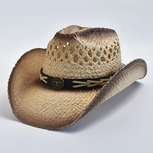 Sombrero de vaquero occidental de paja natural para mujeres y hombres, sombreros de sol de playa con ala rizada de verano, sombrero de paja moldeable