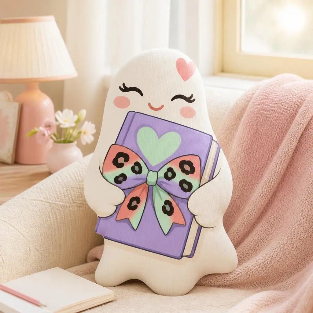 Book Hugging Ghost Shaped Throw Pillow Cute Reader Cushion Stuffed Decorative Pillow for Book Lovers Home Decor Gift Pastel