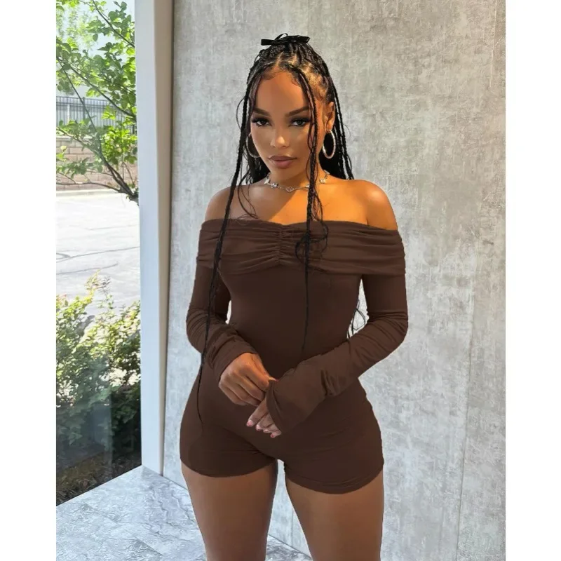 KEXU Women Active Strapless Long Sleeve Playsuit Bodycon Romper Ruched Short Jumpsuit One Piece Sport Overall Fitness Outfit