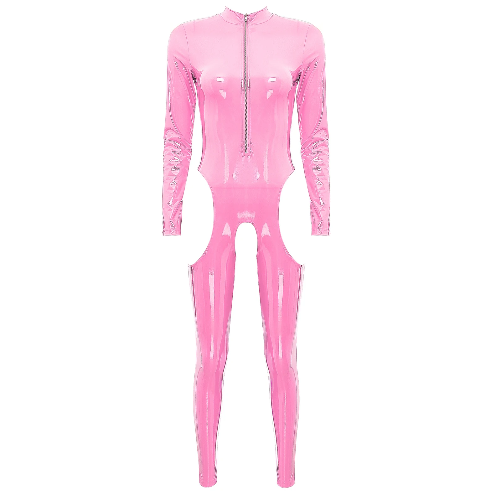 

Womens Lingerie Cutout Open Crotch Bodysuit Wet Look Patent Leather Zipper Jumpsuit Long Sleeve Crotchless Catsuit Sexy Clubwear