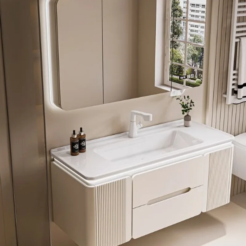 

Oak bathroom cabinet combination cream wind paint washstand rounded corner ceramic integrated basin smart hand washbasin cabinet