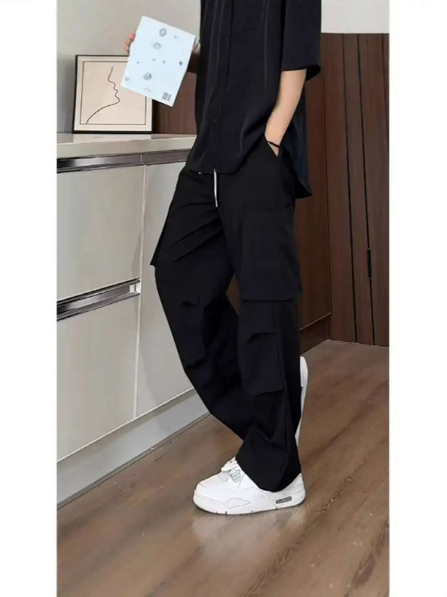 

Новые летние мужские повседневные рабочие брюки из ледяного шелка, прямые, с эффектом драпировки, с множеством карманов, длинные, модные, утолщенные