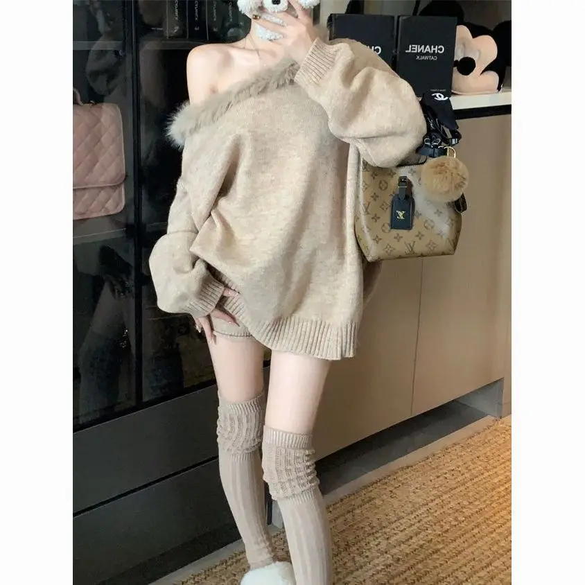 

Fur Collar Slanted Shoulder Pullover Sweater Splicing Pull Femme Knittd Top 2025 Autumn New Two Piece Set Clothes