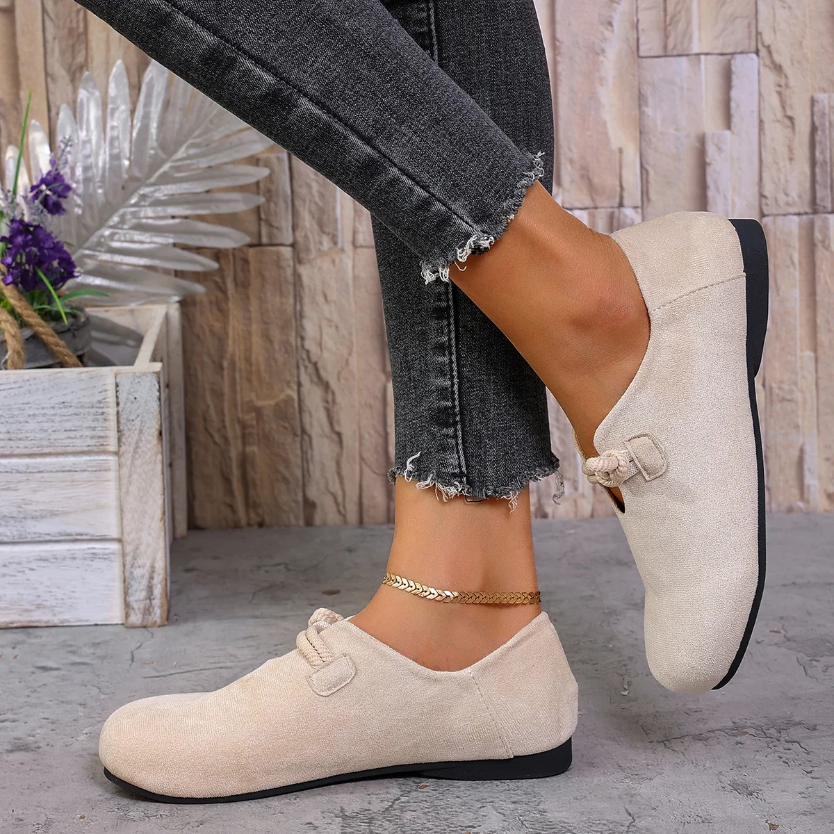 Damen-Loafer mit runder Zehenpartie, geknotetem Seilriemen, Slip-On-Schuhe, weiches Wildleder, bequem, rutschfest, lässige Damen-Flachschuhe für den täglichen Gebrauch. – Detail 4