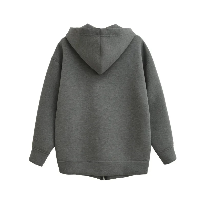 سترة بقلنسوة كاجوال للطيار باللون الرمادي الداكن معطف نسائي دافئ بسحاب عصري وأكمام طويلة فضفاض ملابس الشارع الشهير