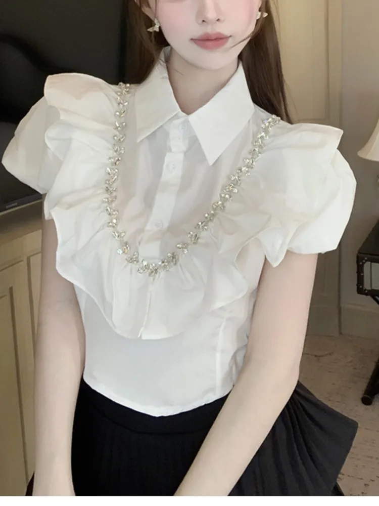 legant Female Sexy Club Top Casual White Pleated Blouse Women Puff Sleeve Shirts Ladies Beading Luxury Mujer Blusas