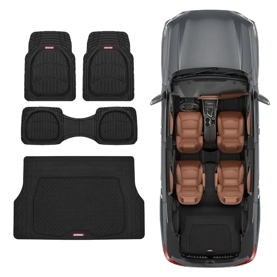 

FlexTough 4Piece Heavy Duty Floor Mats for Cars Trucks SUVs, Automotive Floor Mats Car Mats Full Set Front, Rear amp Cargo, Trim