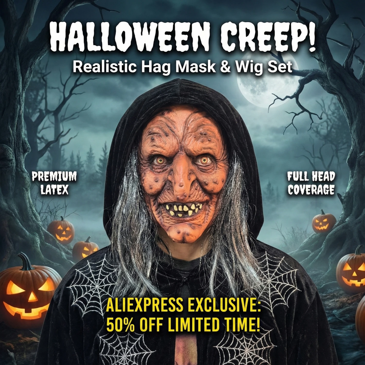 Realistic Creepy Witch Mask Latex Old Lady Hag Headgear Halloween Horror Party Cosplay Costume Prop - view 6