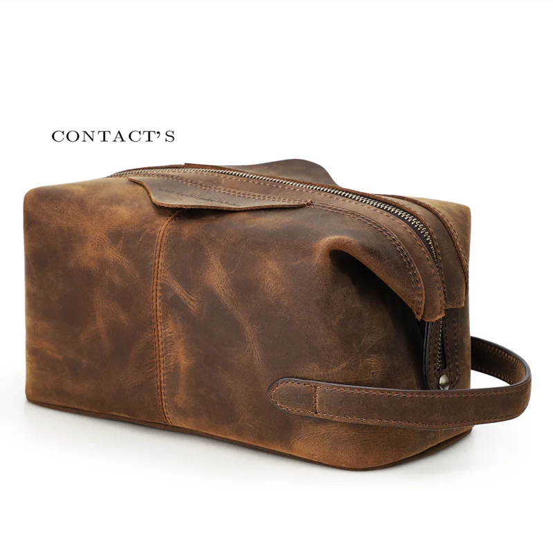 Neceser de viaje de cuero genuino para hombre y mujer, bolso de mano grande para almacenamiento de maquillaje, bolso de mano para cosméticos