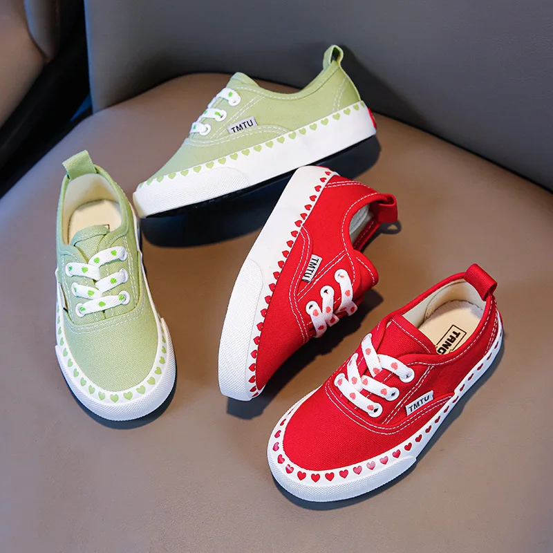 Children Shoes Spring Autumn Low-top Canvas Baby Toddler One-step Soft Shoes Girls and Boys Fashion Heart Print Sneakers