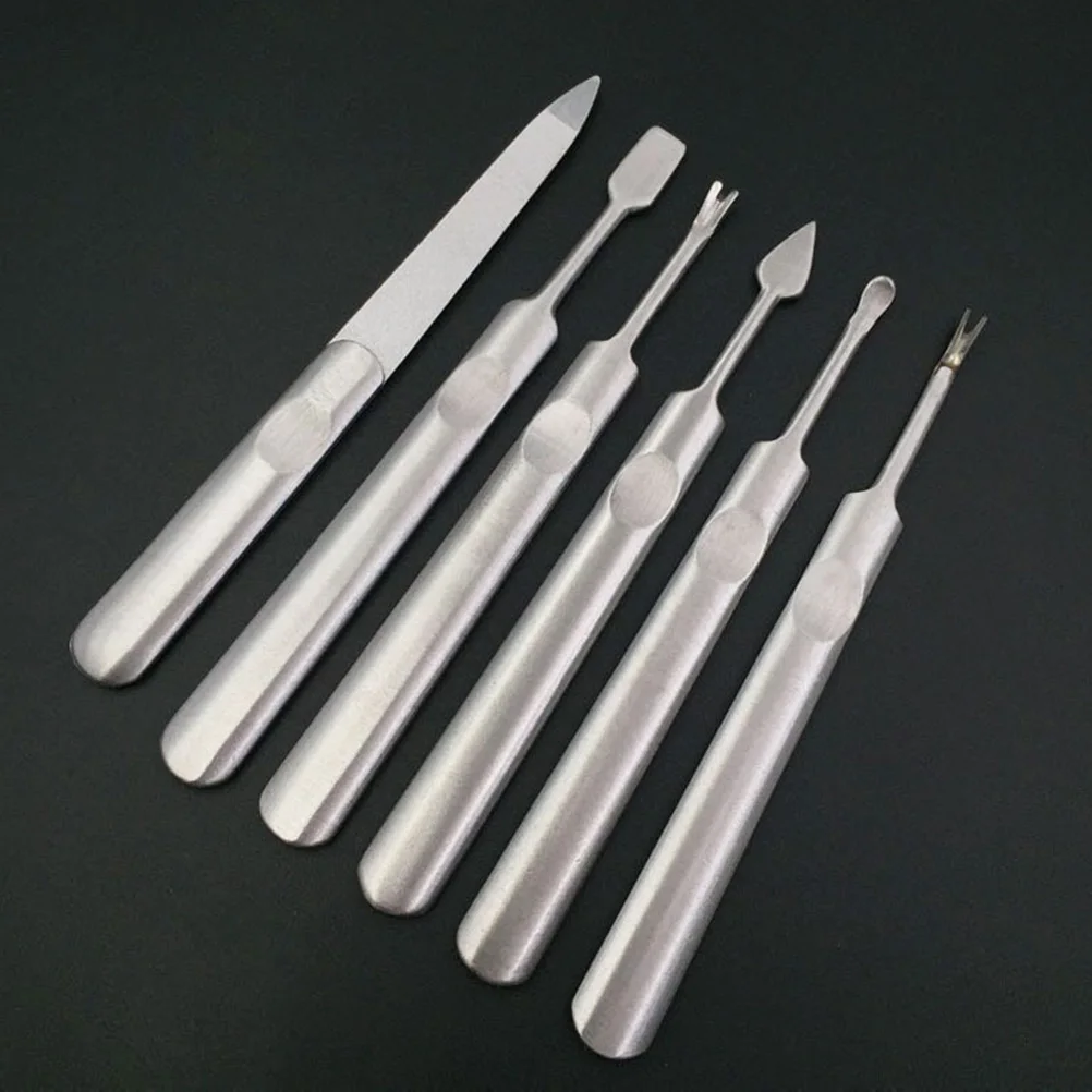 1 conjunto de ferramentas para arte em unhas, aço inoxidável, lixa, empurrar pele morta, garfo, cabo longo, profissional, aparador de cutícula, removedor prático