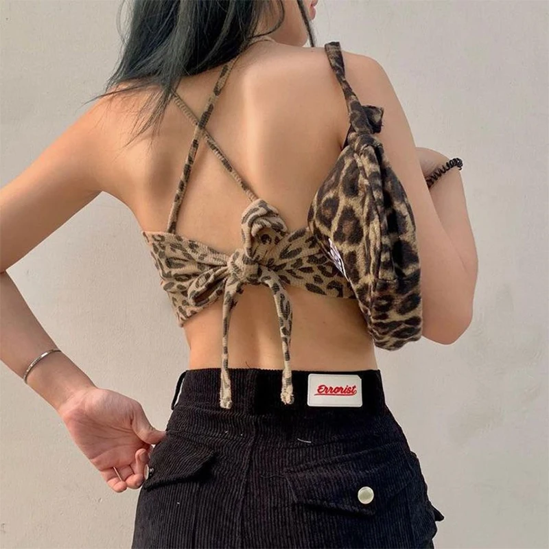 Леопардовый укороченный топ на шнуровке с открытой спиной и леопардовым принтом Y2K, эластичная клубная одежда, лето 2024, сексуальная облегающая клубная одежда, пляжная облегающая майка для женщин