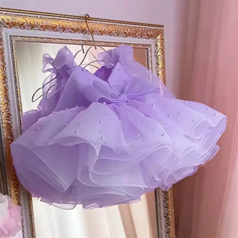 

Customized Cute Flower Girl Wedding Dress Pearls Sleeveless with Bow Puffy Baby Birthday Party First Communion Pageant Dress
