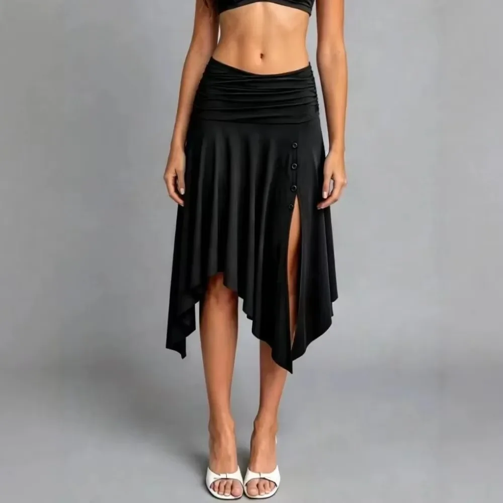 Women Pleated High Waisted Midi Skirt Button Front Slit Irregular Hem Slim Fit Casual Soft Breathable Flattering Daily Comfy
