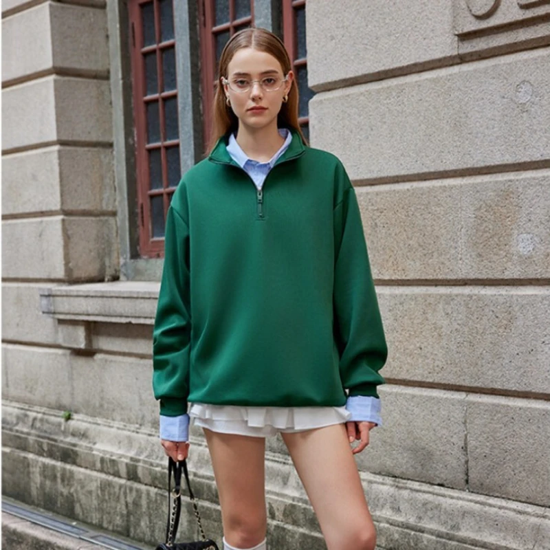 بلوفر بغطاء للرأس بنصف سحاب بلون سادة 72% قطن، مسامي وممتص للعرق، ملابس غير رسمية يومية سميكة للرياضة والدفء