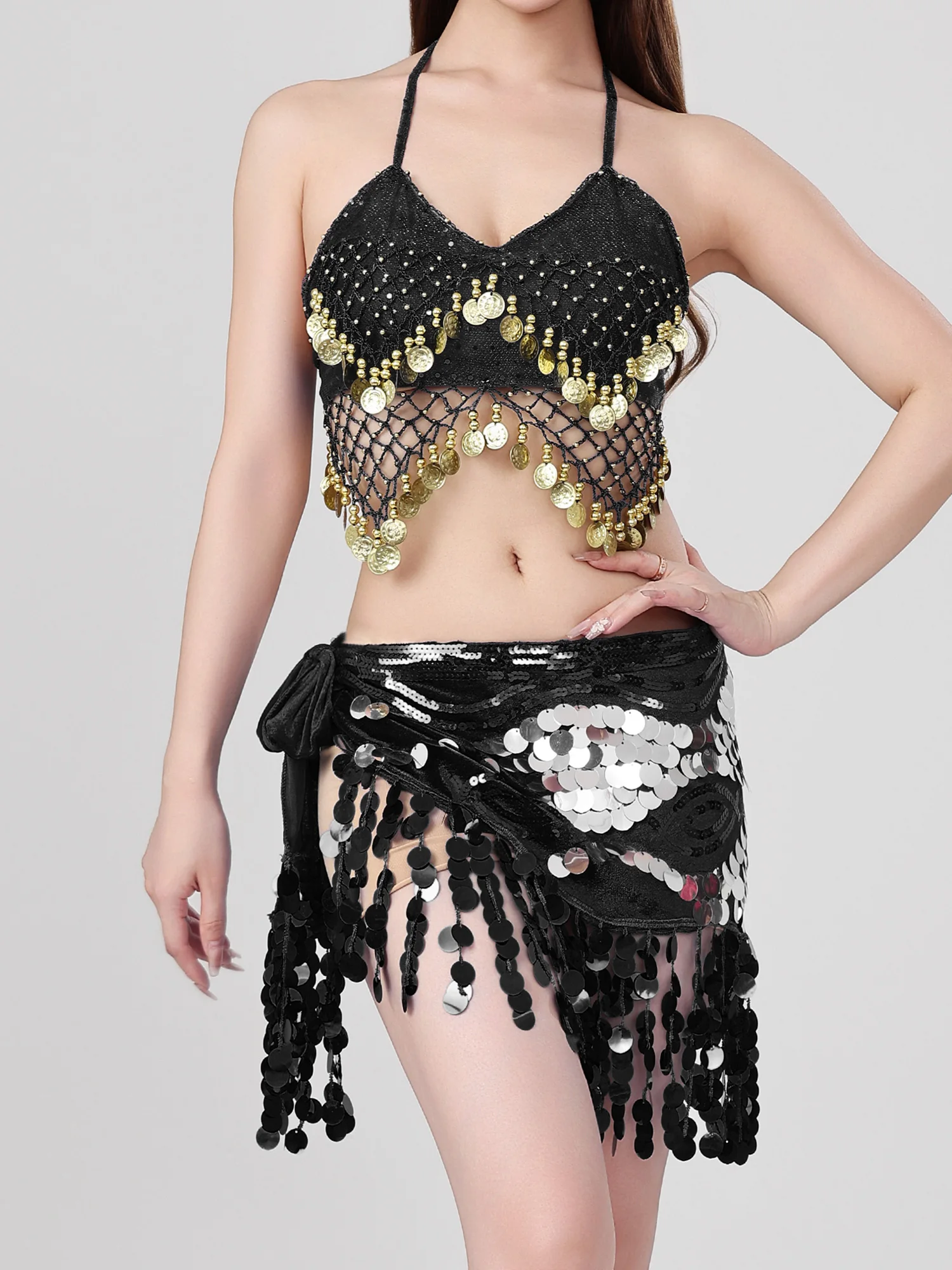Women Sequin Glittery Belly Dance Costumes Tassel Lace-up Crop Top and Hip Scarf Waist Skirt 2-piece Set for Stage Dance Class