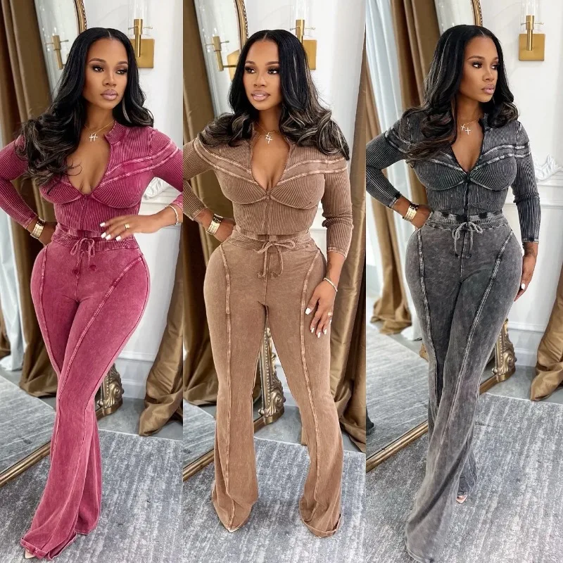 Leosoxs Distressed Outfits 2 Piece Pant Sets Winter Fall Clothes Women Y2K Streetwear Tracksuit Sweatsuit Two Piece Pant Sets