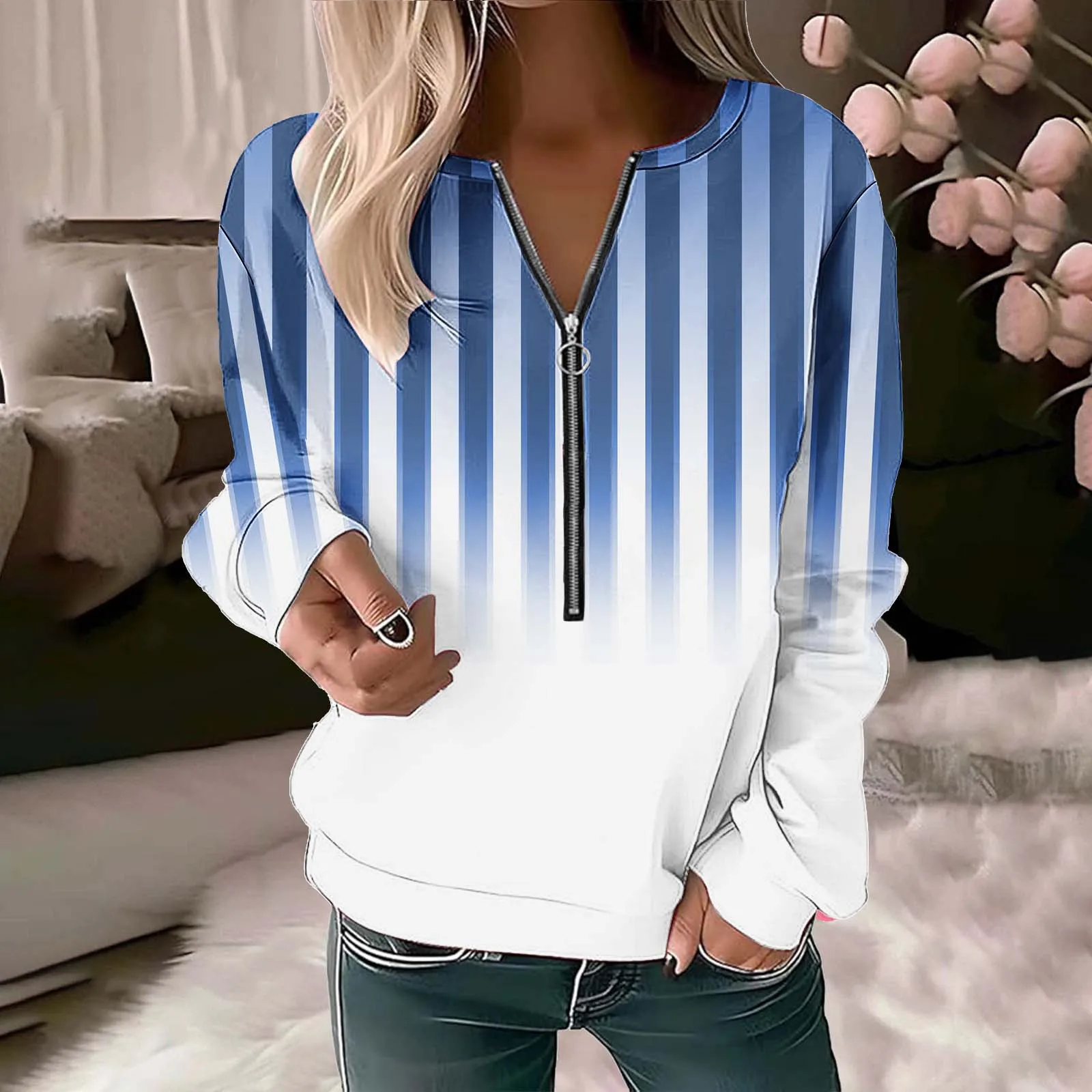 

Autumn Long Sleeve Zipper Stripe Sweatshirt Women 2024 Casual Thick Top Femme Streetwear Sweatshirts For Women Tops Pullovers