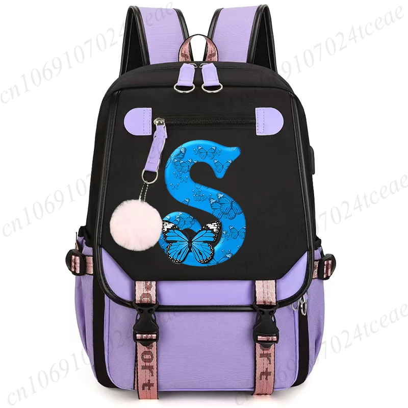 

26 English Letters Butterfly Print Student Backpack for Girls Grades 1-6 Cute Cartoon Middle School Backpack Design Bookbag Bags