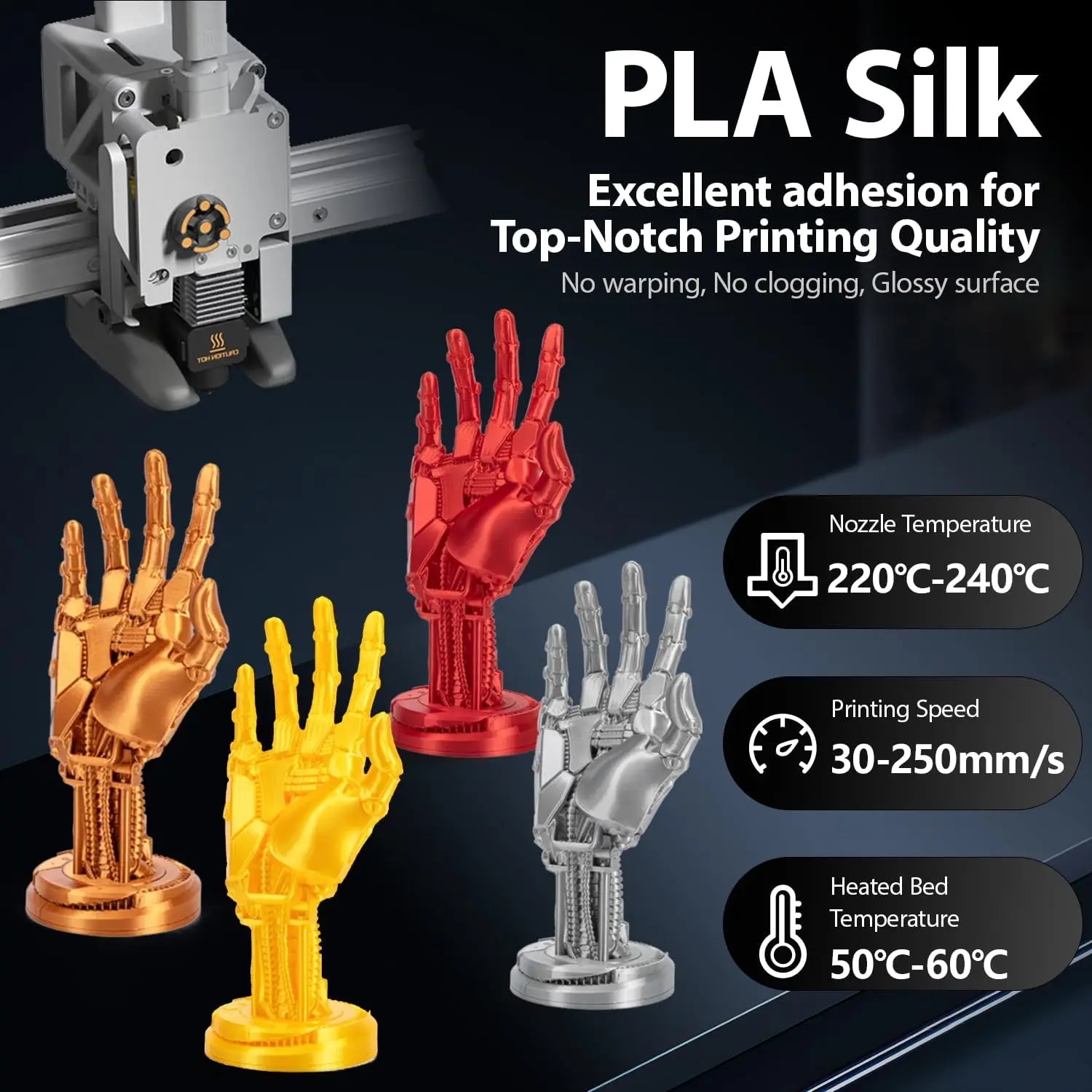 3D Printer Filament Bundle Silk PLA Filament 1.75mm Pack Fit Most FDM Printers, 250g X 4 Spools, Totally 1KG