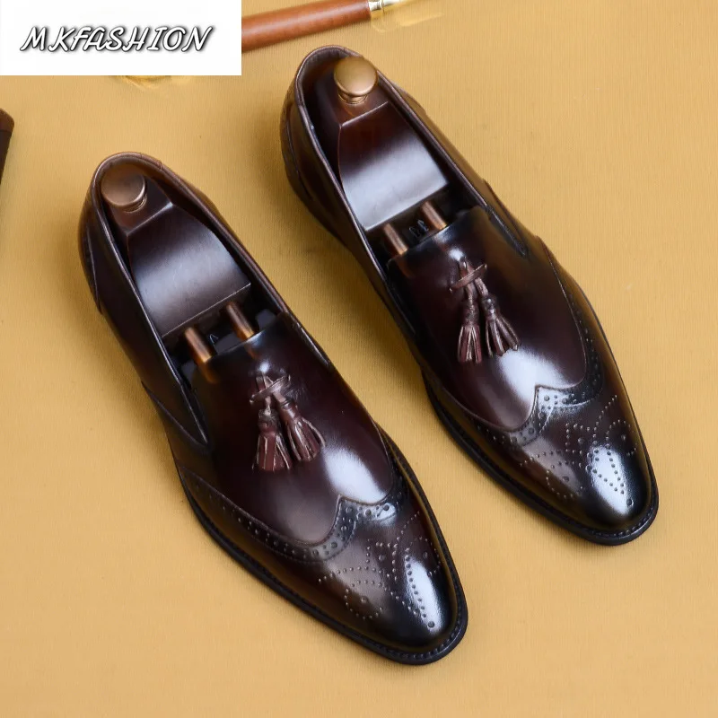 Men's Carved Blok Business Formal Casual Leather Shoes Pointed Toe Slip On Flats Male Footwear