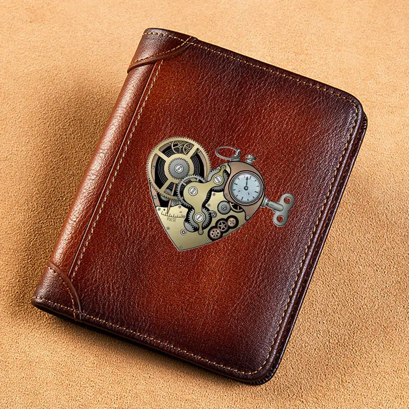 

High Quality Genuine Leather Men Wallets Steampunk Gear Heart Lock Cover Short Card Holder Purse Trifold Men's Wallet BK3870