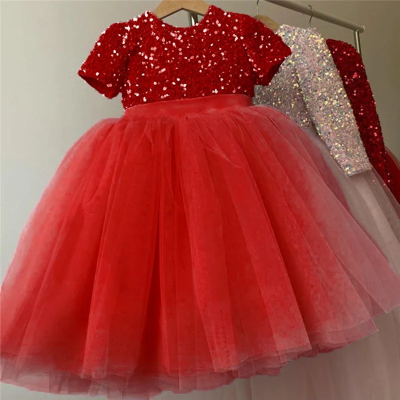 Girls Wedding Dress For Kids 3-8 Years Sequin Lace Tulle Princess Tutu Children Elegant Party Evening Formal Communion Prom Gown