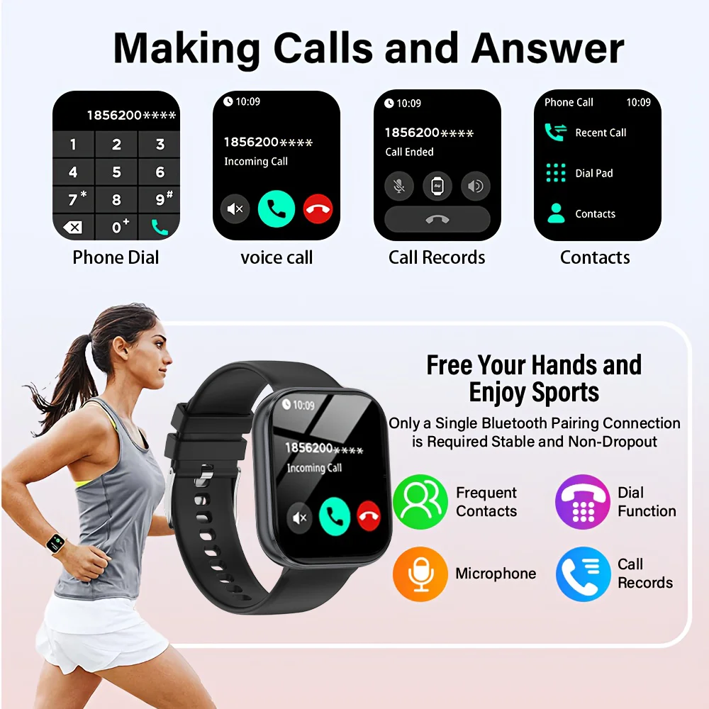 2025 ساعة ذكية جديدة 1000 مللي أمبير 2.04 بوصة شاشة فائقة الدقة طوال اليوم كشف معدل ضربات القلب الصحية 70 + رياضية IP68 مقاومة للماء BT مكالمة