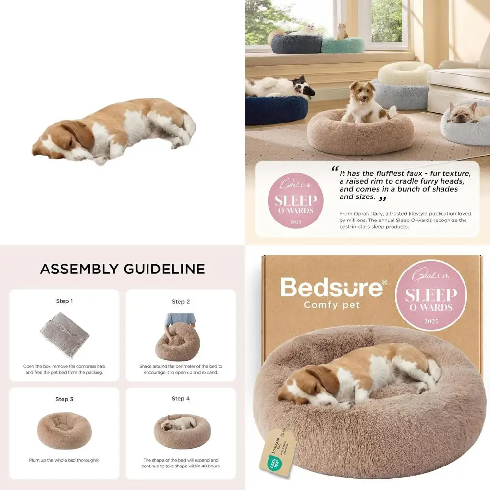 

Кровать для собак среднего и крупного размера - моющаяся круглая плюшевая кровать в форме пончика, 33 см, с противоскользящим покрытием, цвет кэмел