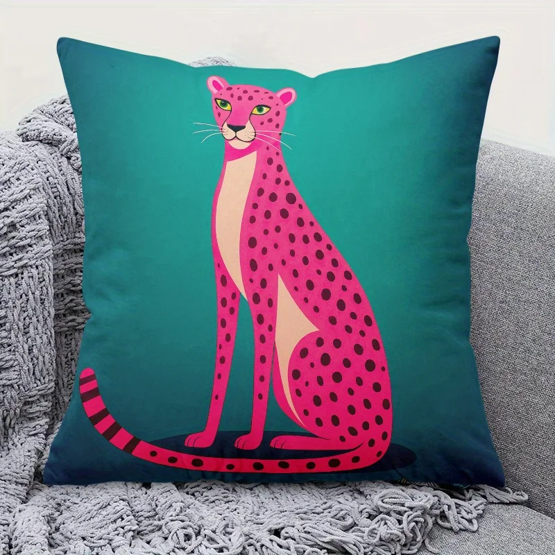 1pc Pink Leopard Teal Throw Pillow Cover 2D Double-Side Print Polyester Cushion Case for Home Sofa Car Bedroom Decor
