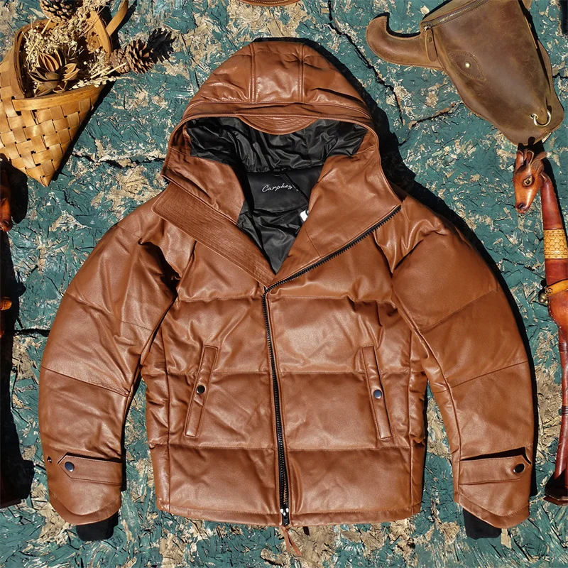 

Men's down Jaet Hooded Top Layer Cowhide Leather Hoof Sve Zipper Winter Warm Faion Urban Sle Regular Length